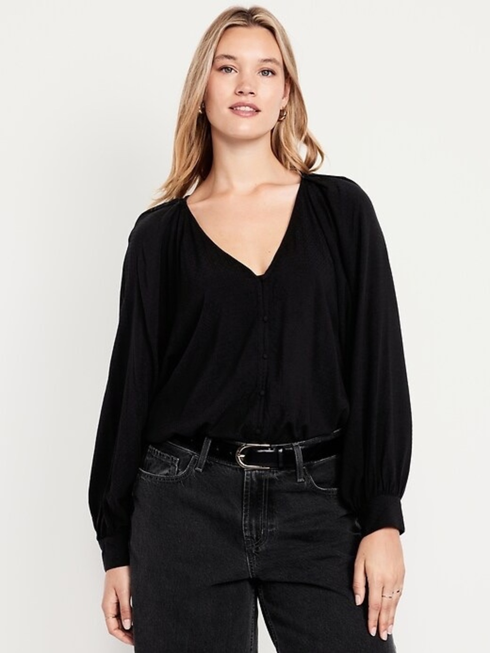 Old Navy Black V-Neck Button-Front Blouse